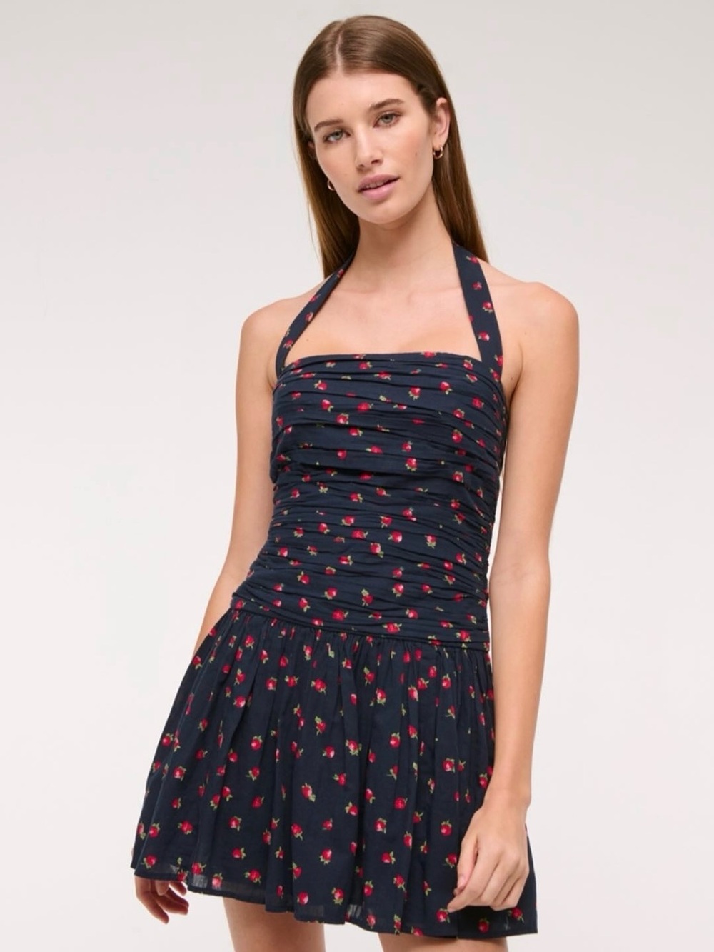 Navy Halter Ruched Mini Dress with Strawberry Print